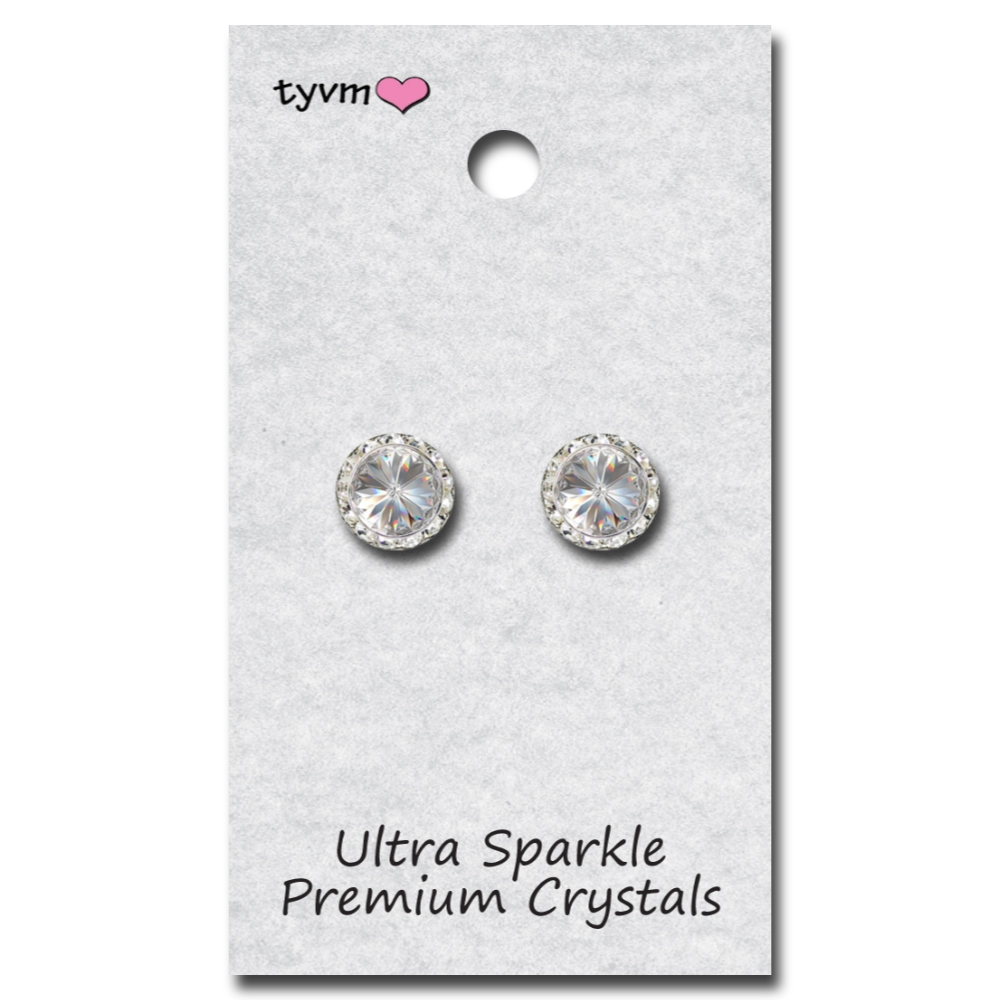 Pair of crystal stud earrings on a 'tyvm' branded card with text 'Ultra Sparkle Premium Crystals'.