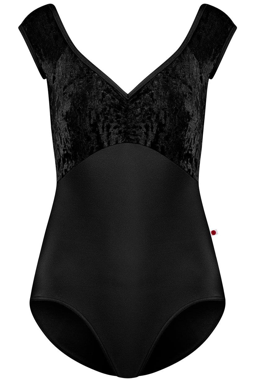 Yumiko Black Nylon and Crushed velvet cap sleeve leotard front