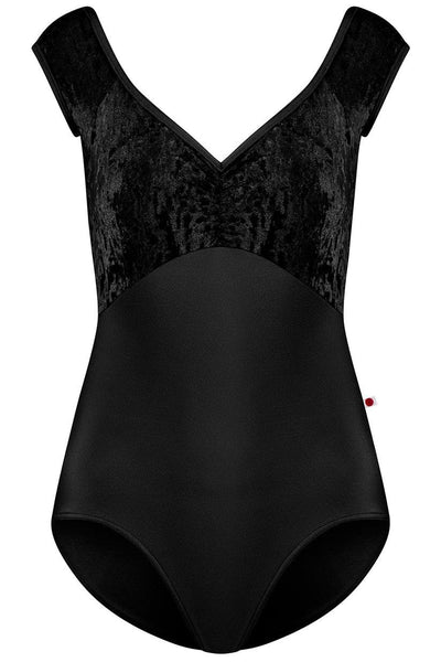 Yumiko Black Nylon and Crushed velvet cap sleeve leotard front