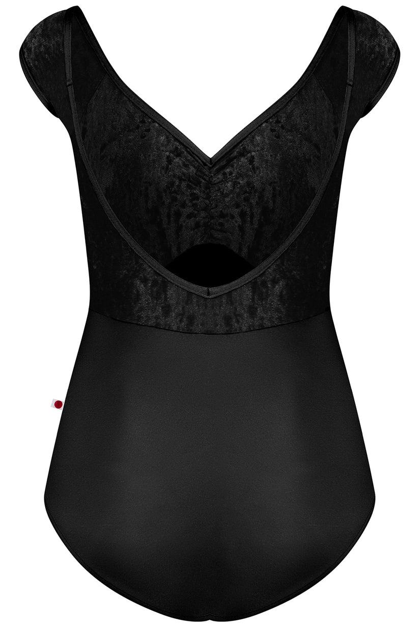 Yumiko Black Nylon and Crushed velvet cap sleeve leotard back