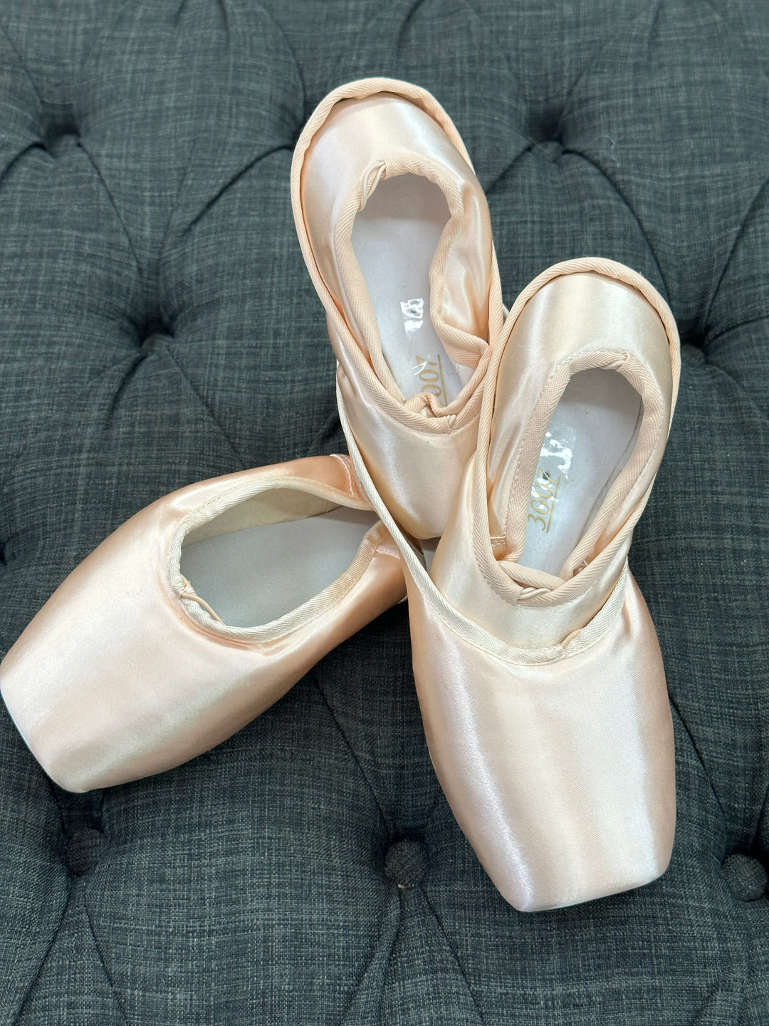 Pairs of pink pointe shoes in various sizes on a textured gray surface
