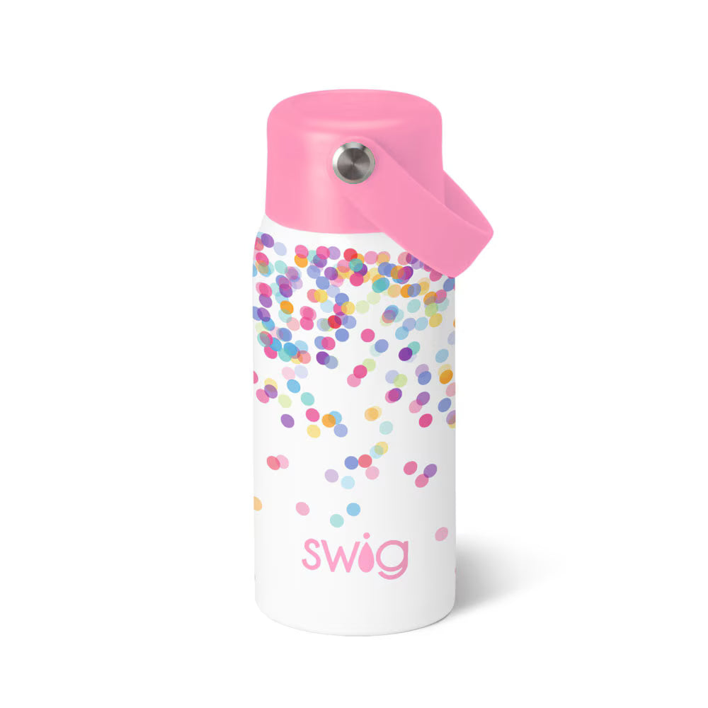 White water bottle with colorful confetti pattern and pink lid on a white background