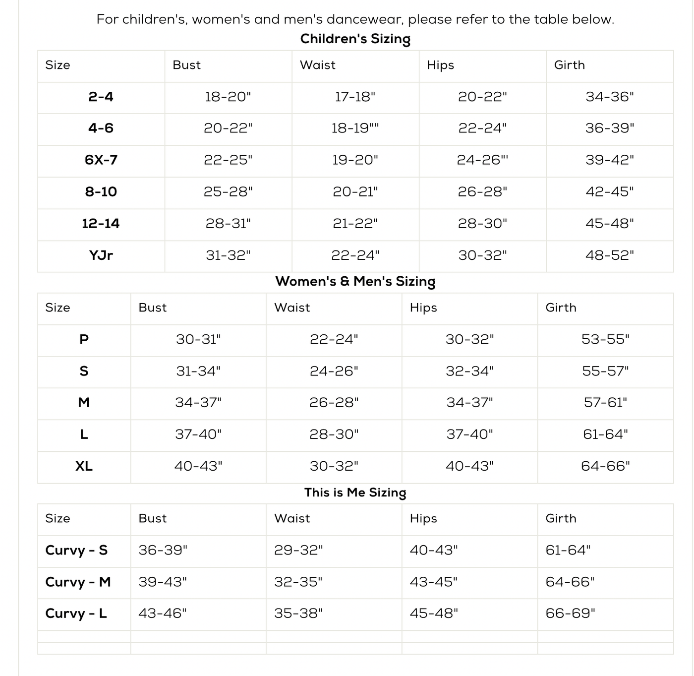 So Danca Size Chart