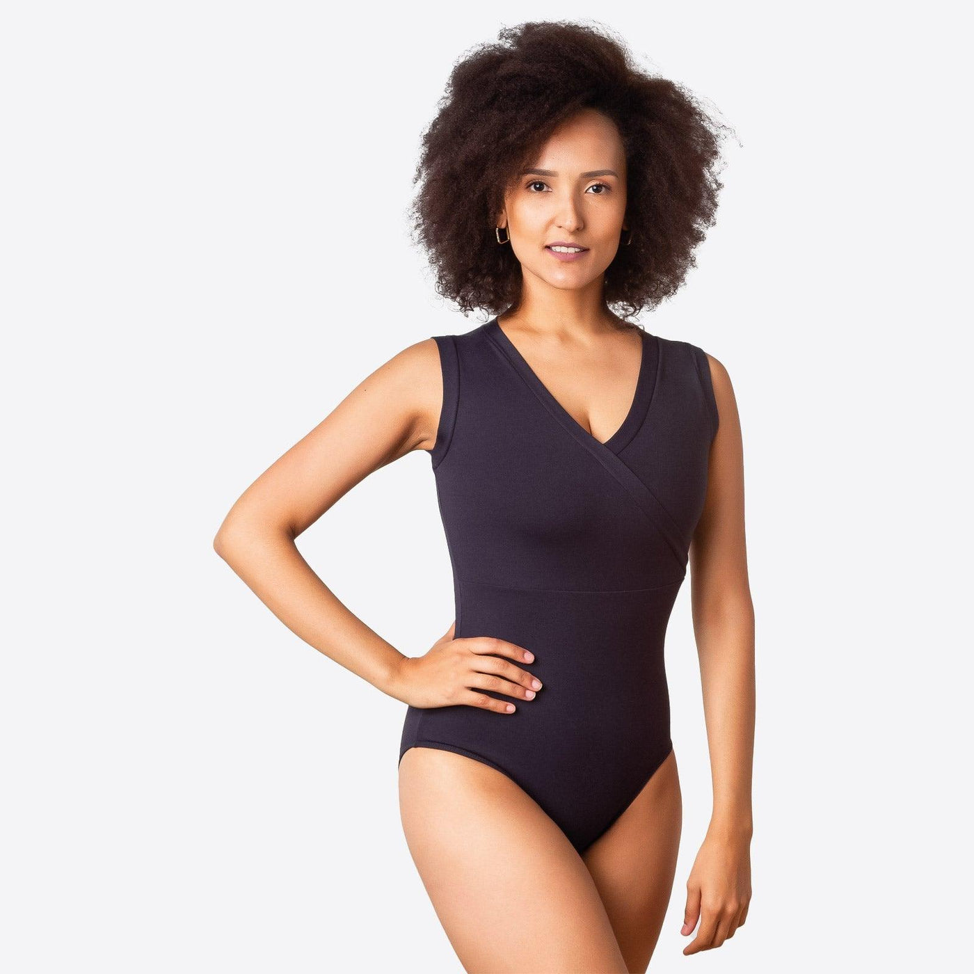 So Danca Adult+ Yvette Black Mock Wrap Front Tank Leotard